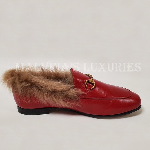GUCCI SHOES JORDAAN HORSEBIT SHEARLING FUR RED LEATHER LOAFERS 37.5 7.5 US - Picture 9 of 16